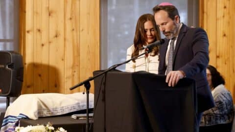 Meredith Marks and her husband, Seth, speak at Meredith's bat mitzvah in Park City, in an episode of "The Real Housewives of Salt Lake City." (Fred Hayes | Bravo)