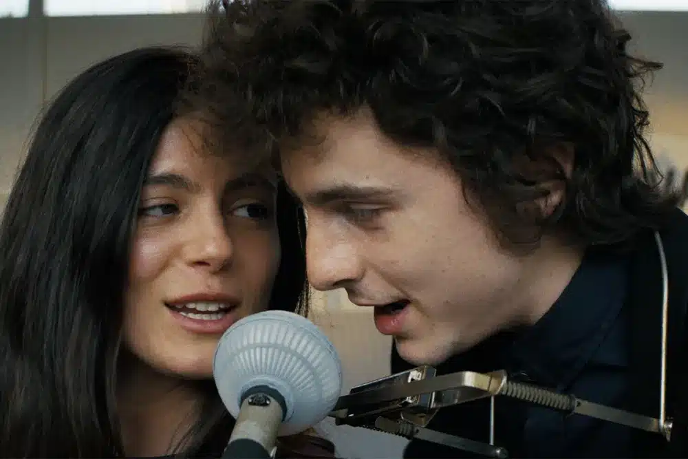 Timothee Chalamet and Monica Barbaro in "A Complete Unknown"