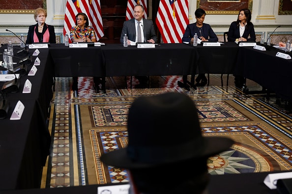 U.S. Second Gentleman Douglas Emhoff, husband of Vice President Kamala Harris, delivers remarks during a roundtable about the rise of antisemitism with Special Envoy to Monitor and Combat Antisemitism Deborah Lipstadt, White House Domestic Policy Advisor Susan Rice, Senior Advisor to the President for Public Engagement Keisha Lance Bottoms, and White House Jewish Liaison Shelley Greeenspan at the Eisenhower Executive Office Building on December 7, 2022 in Washington, DC. (Photo by Chip Somodevilla/Getty Images)