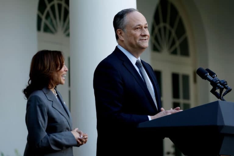 Second gentleman Doug Emhoff speaks at reception alongside U.S. Vice President Kamala Harris during a reception celebrating Jewish American Heritage Month in the Rose Garden of the White House on May 20, 2024 in Washington, DC. (Photo by Anna Moneymaker/Getty Images)