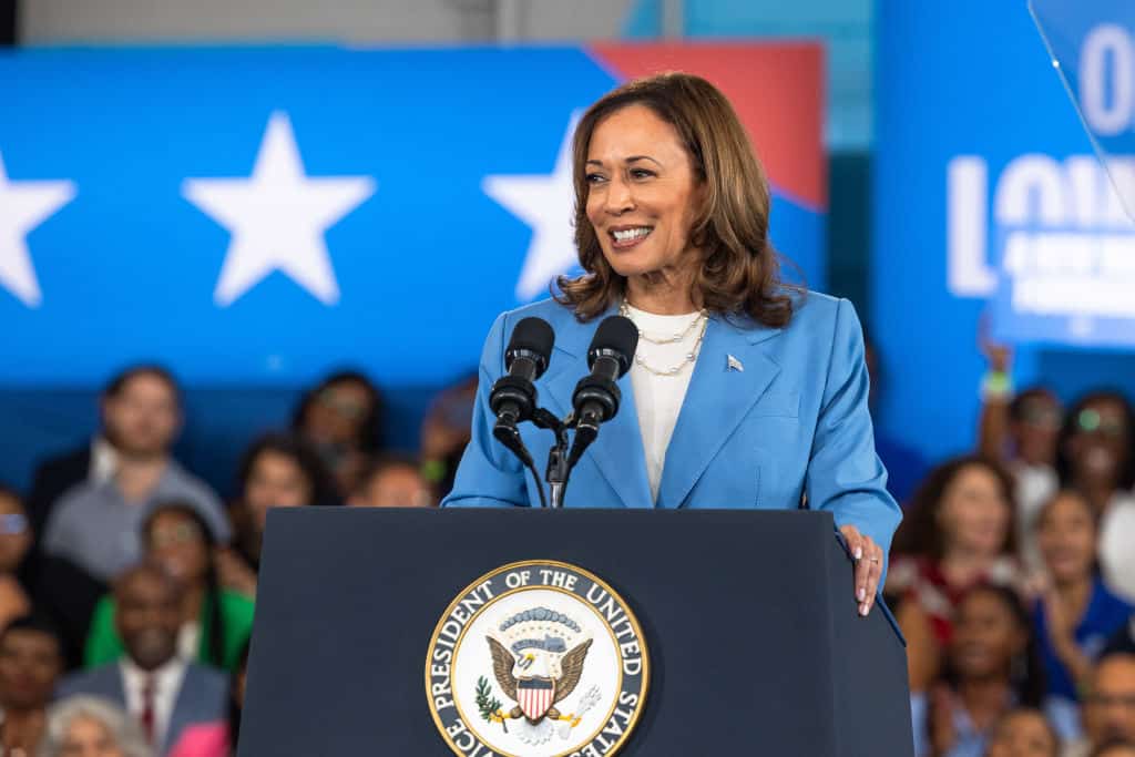 RALEIGH, NORTH CAROLINA - AUGUST 16: Democratic U.S. presidential candidate Vice President Kamala Harris speaks on her policy platform, including improving the cost of living for all Americans, at the Hendrick Center For Automotive Excellence on August 16, 2024 in Raleigh, North Carolina. This is the candidate's first major policy speech since accepting the democratic party nomination.(Photo by Grant Baldwin/Getty Images)