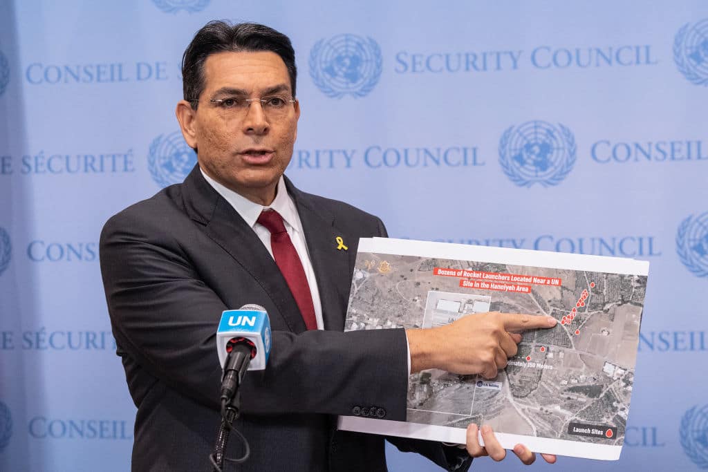 NEW YORK, UNITED STATES - 2024/08/28: Permanent Representative, Ambassador Danny Danon of Israel speaks at stakeout before the Security Council meeting on adoption of resolution to mandate renewal of the UN Interim Force in Lebanon (UNIFIL) at UN Headquarters. Ambassador was holding satellite images of rocket launchers belonging to Hezbollah and located about 150 meters from UN forces. (Photo by Lev Radin/Pacific Press/LightRocket via Getty Images)