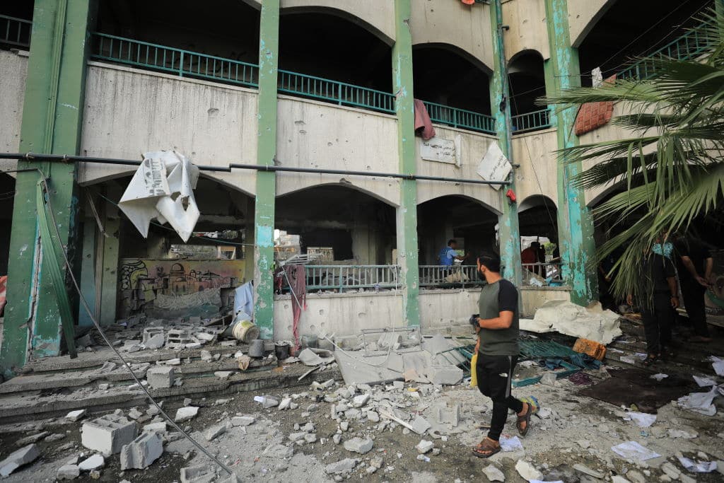 GAZA CITY, GAZA - SEPTEMBER 14: A view of the destruction following the Israeli airstrike on the Zeitoun Martyrs School, a shelter for displaced Palestinians at the Zeitoun neighborhood in Gaza City, Gaza on September 14, 2024. At least five Palestinians, including two children and a woman, killed and several others injured in the attack. (Photo by Dawoud Abo Alkas/Anadolu via Getty Images)