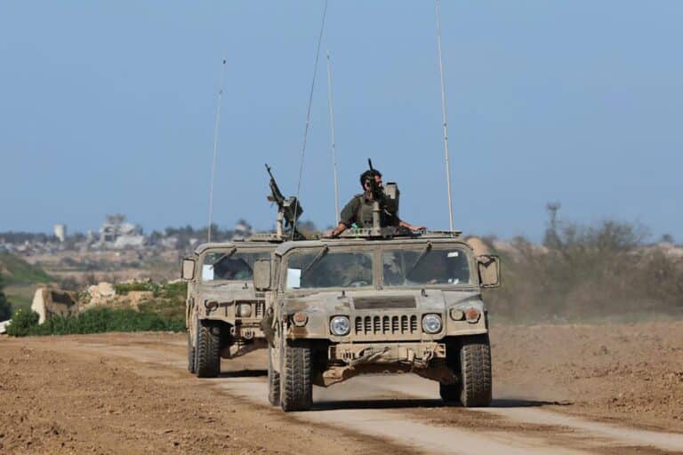 Israeli military vehicles along the border with the Gaza Strip on February 15, 2024, amid the ongoing war with Hamas. (Photo by Jack Guez/AFP via Getty Images)