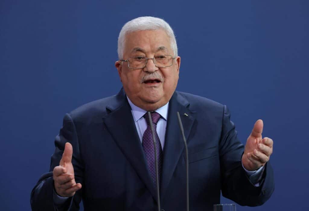 Mahmoud Abbas, President of the Palestinian National Authority, speaks to the media with German Chancellor Olaf Scholz (not pictured) following talks at the Chancellery on August 16, 2022 in Berlin, Germany.