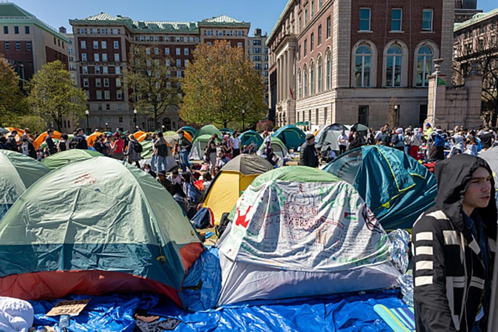 Pro-Palestinian supporters set up a protest encampment on the campus of Columbia University on April 22, 2024 in New York City. All classes at Columbia University are being held virtually after school President Minouche Shafik announced a shift to online learning in response to recent campus unrest. (Photo by Spencer Platt/Getty Images)