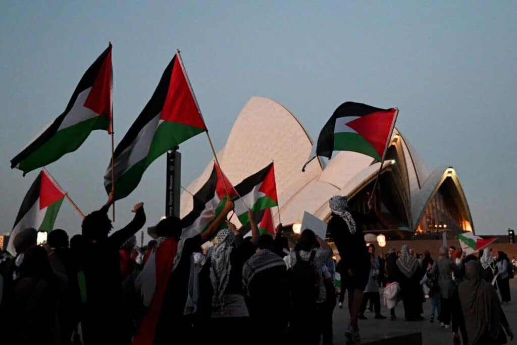 A pro-Palestinian protest in front of the Sydney Opera House on October 9, 2023.